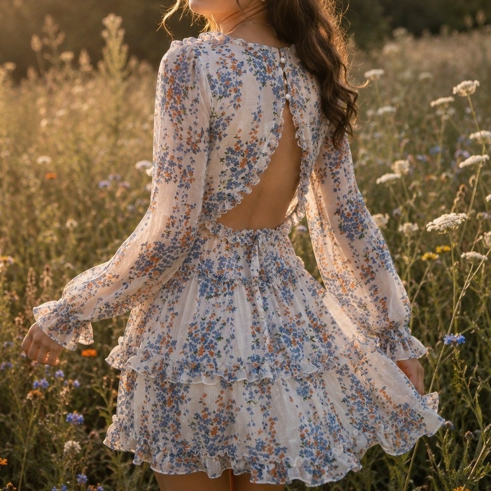 Floral Ruffle Open Back Mini Dress Cottagecore Boho Chiffon Dress Small Coquette